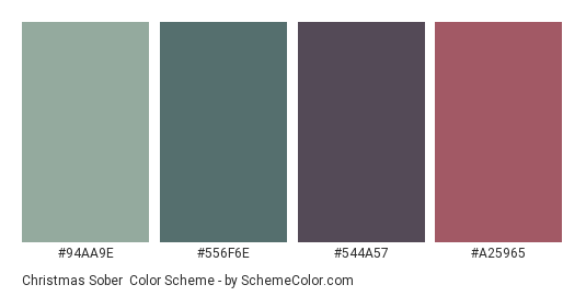 Christmas Sober - Color scheme palette thumbnail - #94AA9E #556F6E #544A57 #A25965 