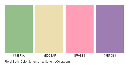 Floral Bath - Color scheme palette thumbnail - #94BF8A #EDDEAF #FF9EB6 #9E7DB3 