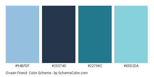 Ocean Friend - Color scheme palette thumbnail - #94BFDF #25374D #22798C #85D2DA 