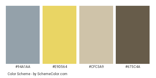 Yellow Gray House - Color scheme palette thumbnail - #94a1aa #e9d564 #cfc3a9 #675c4a 