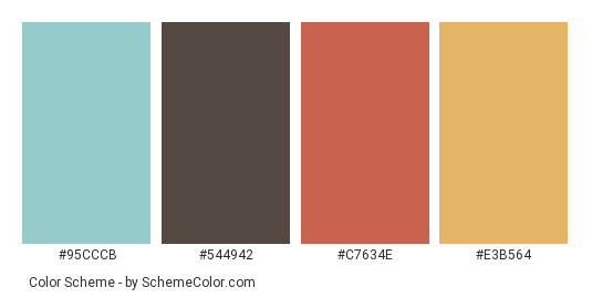 Retro Amusement Ride - Color scheme palette thumbnail - #95CCCB #544942 #C7634E #E3B564 
