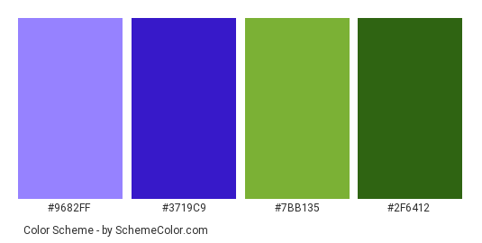 Blossom - Color scheme palette thumbnail - #9682ff #3719c9 #7bb135 #2f6412 