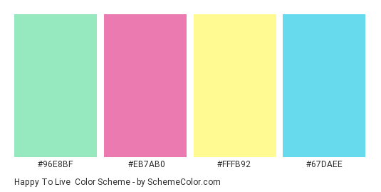 Happy to Live - Color scheme palette thumbnail - #96E8BF #EB7AB0 #FFFB92 #67daee 