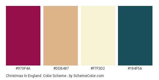 Christmas in England - Color scheme palette thumbnail - #970F4A #DDB487 #F7F3D2 #184F5A 