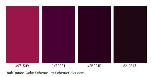 Dark Dance - Color scheme palette thumbnail - #971549 #470031 #2B001D #210815 