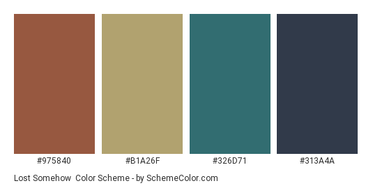 Lost Somehow - Color scheme palette thumbnail - #975840 #B1A26F #326D71 #313A4A 