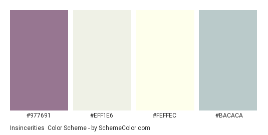 Insincerities - Color scheme palette thumbnail - #977691 #EFF1E6 #FEFFEC #BACACA 