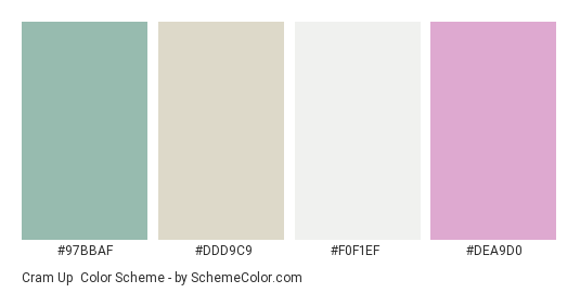 Cram Up - Color scheme palette thumbnail - #97BBAF #DDD9C9 #F0F1EF #DEA9D0 