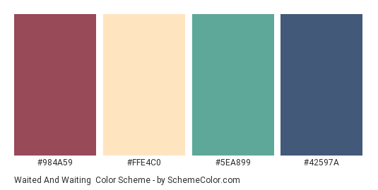 Waited and Waiting - Color scheme palette thumbnail - #984A59 #FFE4C0 #5EA899 #42597A 