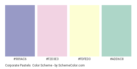 Corporate Pastels - Color scheme palette thumbnail - #989AC6 #F2D3E3 #FDFED3 #ADD6C8 