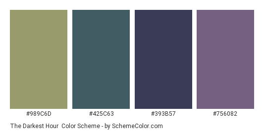 The Darkest Hour - Color scheme palette thumbnail - #989C6D #425C63 #393B57 #756082 