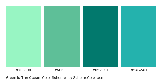 Green is the Ocean - Color scheme palette thumbnail - #98F5C3 #5EBF98 #02796D #24B2AD 