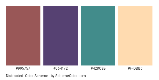 Distracted - Color scheme palette thumbnail - #995757 #564172 #428C8B #FFDBB0 