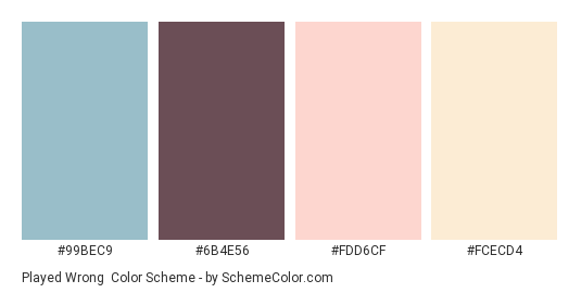 Played Wrong - Color scheme palette thumbnail - #99BEC9 #6B4E56 #FDD6CF #FCECD4 