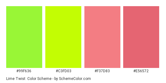 Lime Twist - Color scheme palette thumbnail - #99f636 #c3fd03 #f37d83 #e56572 