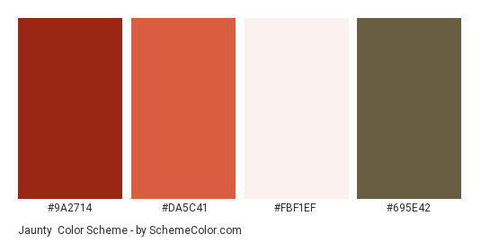 Jaunty - Color scheme palette thumbnail - #9A2714 #DA5C41 #FBF1EF #695E42 
