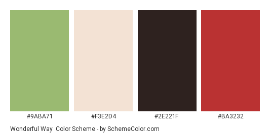 Wonderful Way - Color scheme palette thumbnail - #9ABA71 #F3E2D4 #2E221F #BA3232 