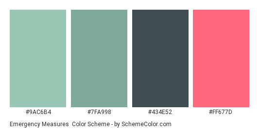 Emergency Measures - Color scheme palette thumbnail - #9AC6B4 #7FA998 #434E52 #FF677D 