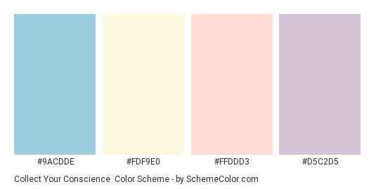 Collect your Conscience - Color scheme palette thumbnail - #9ACDDE #FDF9E0 #FFDDD3 #D5C2D5 