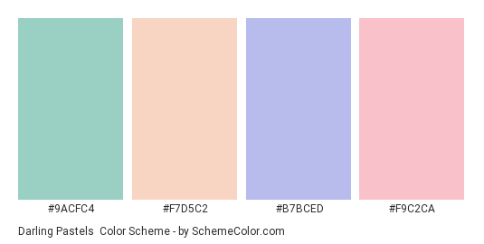 Darling Pastels - Color scheme palette thumbnail - #9ACFC4 #F7D5C2 #B7BCED #F9C2CA 
