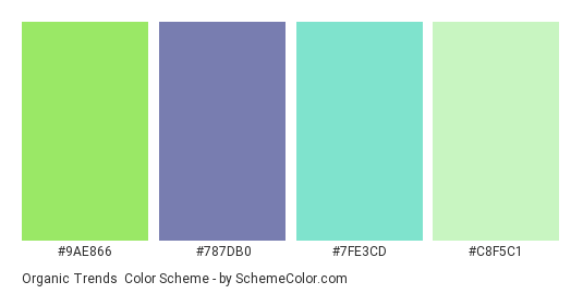 Organic Trends - Color scheme palette thumbnail - #9AE866 #787DB0 #7FE3CD #C8F5C1 