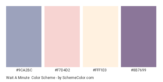 Wait a Minute - Color scheme palette thumbnail - #9CA2BC #F7D4D2 #FFF1E0 #8B7699 