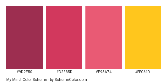 My Mind - Color scheme palette thumbnail - #9D2E50 #D2385D #E95A74 #FFC61D 