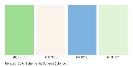 Relaxed - Color scheme palette thumbnail - #9DDD8F #F8F3EB #7EB2DF #E0F3D2 