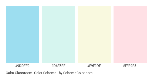 Calm Classroom - Color scheme palette thumbnail - #9DDEF0 #D6F5EF #F9F9DF #FFE0E5 
