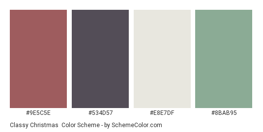 Classy Christmas - Color scheme palette thumbnail - #9E5C5E #534D57 #E8E7DF #8BAB95 
