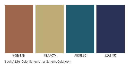 Such a Life - Color scheme palette thumbnail - #9E684D #BAAC74 #1D5B6D #2A3457 