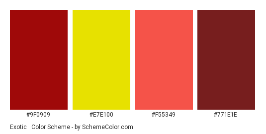 Exotic & High-Impact - Color scheme palette thumbnail - #9F0909 #E7E100 #F55349 #771E1E 