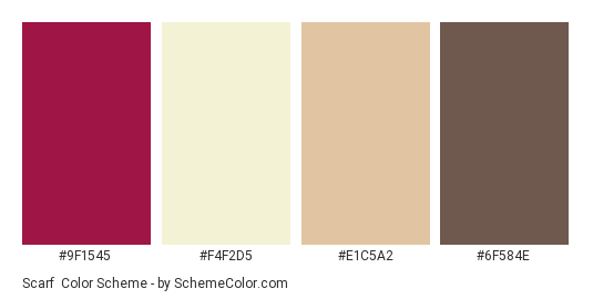 Scarf - Color scheme palette thumbnail - #9F1545 #F4F2D5 #E1C5A2 #6F584E 