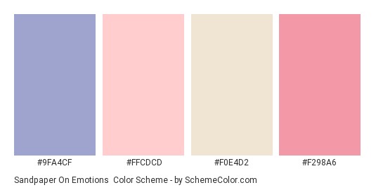 Sandpaper on Emotions - Color scheme palette thumbnail - #9FA4CF #FFCDCD #F0E4D2 #F298A6 