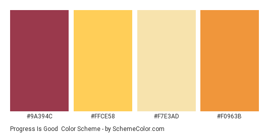 Progress is Good - Color scheme palette thumbnail - #9a394c #ffce58 #f7e3ad #f0963b 
