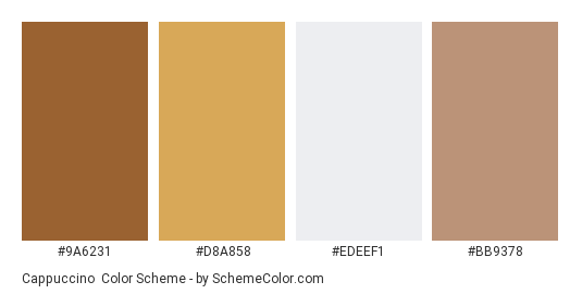 Cappuccino - Color scheme palette thumbnail - #9a6231 #d8a858 #edeef1 #bb9378 