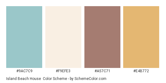 Island Beach House - Color scheme palette thumbnail - #9ac7c9 #f9efe3 #a57c71 #e4b772 