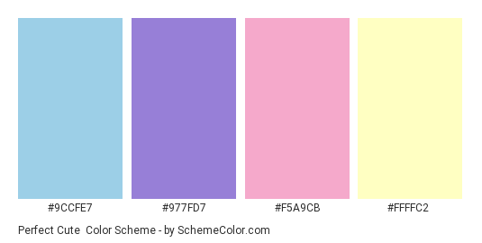 Perfect Cute - Color scheme palette thumbnail - #9ccfe7 #977fd7 #f5a9cb #ffffc2 