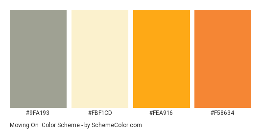 Moving On - Color scheme palette thumbnail - #9fa193 #fbf1cd #fea916 #f58634 