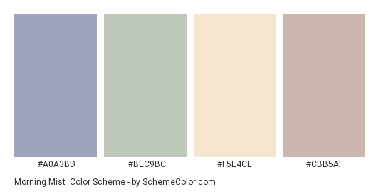 Morning Mist - Color scheme palette thumbnail - #A0A3BD #BEC9BC #F5E4CE #CBB5AF 