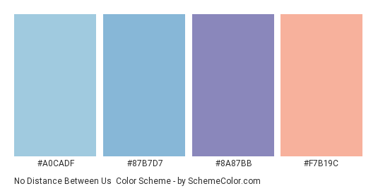 No Distance Between Us - Color scheme palette thumbnail - #A0CADF #87B7D7 #8a87bb #f7b19c 