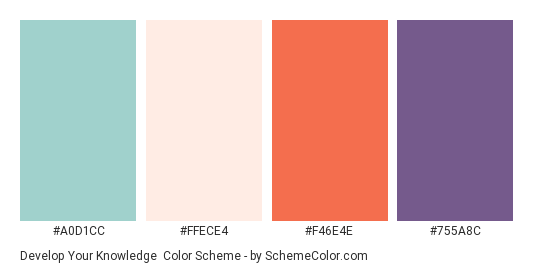 Develop Your Knowledge - Color scheme palette thumbnail - #A0D1CC #FFECE4 #F46E4E #755A8C 