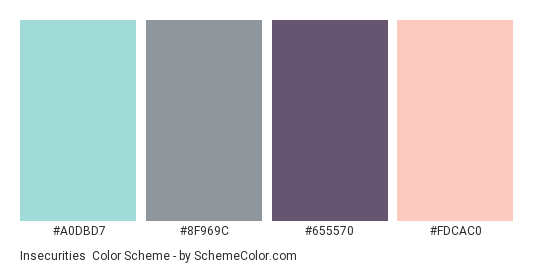 Insecurities - Color scheme palette thumbnail - #A0DBD7 #8F969C #655570 #FDCAC0 