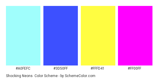 Shocking Neons - Color scheme palette thumbnail - #A0FEFC #3D50FF #FFFD41 #FF00FF 