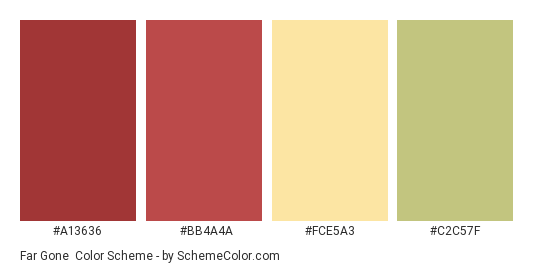 Far Gone - Color scheme palette thumbnail - #A13636 #BB4A4A #FCE5A3 #C2C57F 
