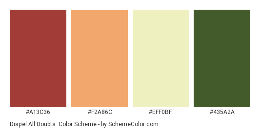 Dispel all Doubts - Color scheme palette thumbnail - #A13C36 #F2A86C #EFF0BF #435A2A 