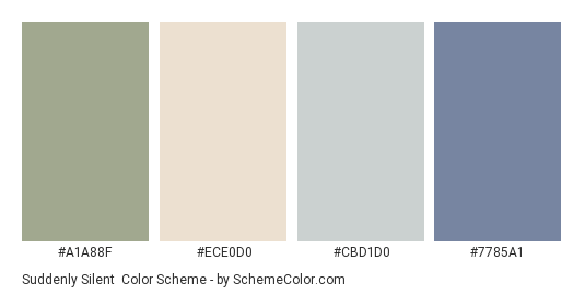 Suddenly Silent - Color scheme palette thumbnail - #A1A88F #ECE0D0 #CBD1D0 #7785A1 