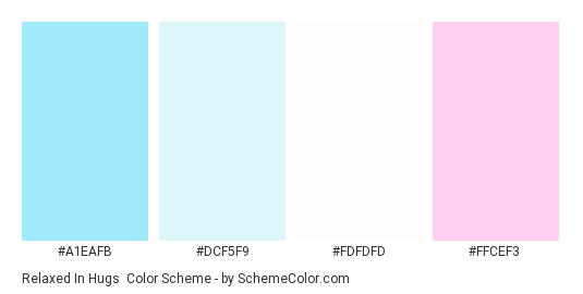 Relaxed in Hugs - Color scheme palette thumbnail - #A1EAFB #dcf5f9 #FDFDFD #FFCEF3 