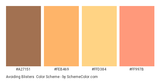 Avoiding Blisters - Color scheme palette thumbnail - #A27151 #FEB469 #FFD384 #FF997B 