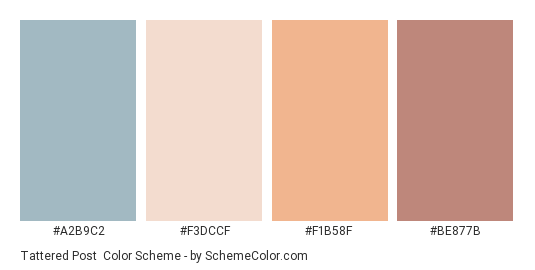 Tattered Post - Color scheme palette thumbnail - #A2B9C2 #F3DCCF #F1B58F #BE877B 